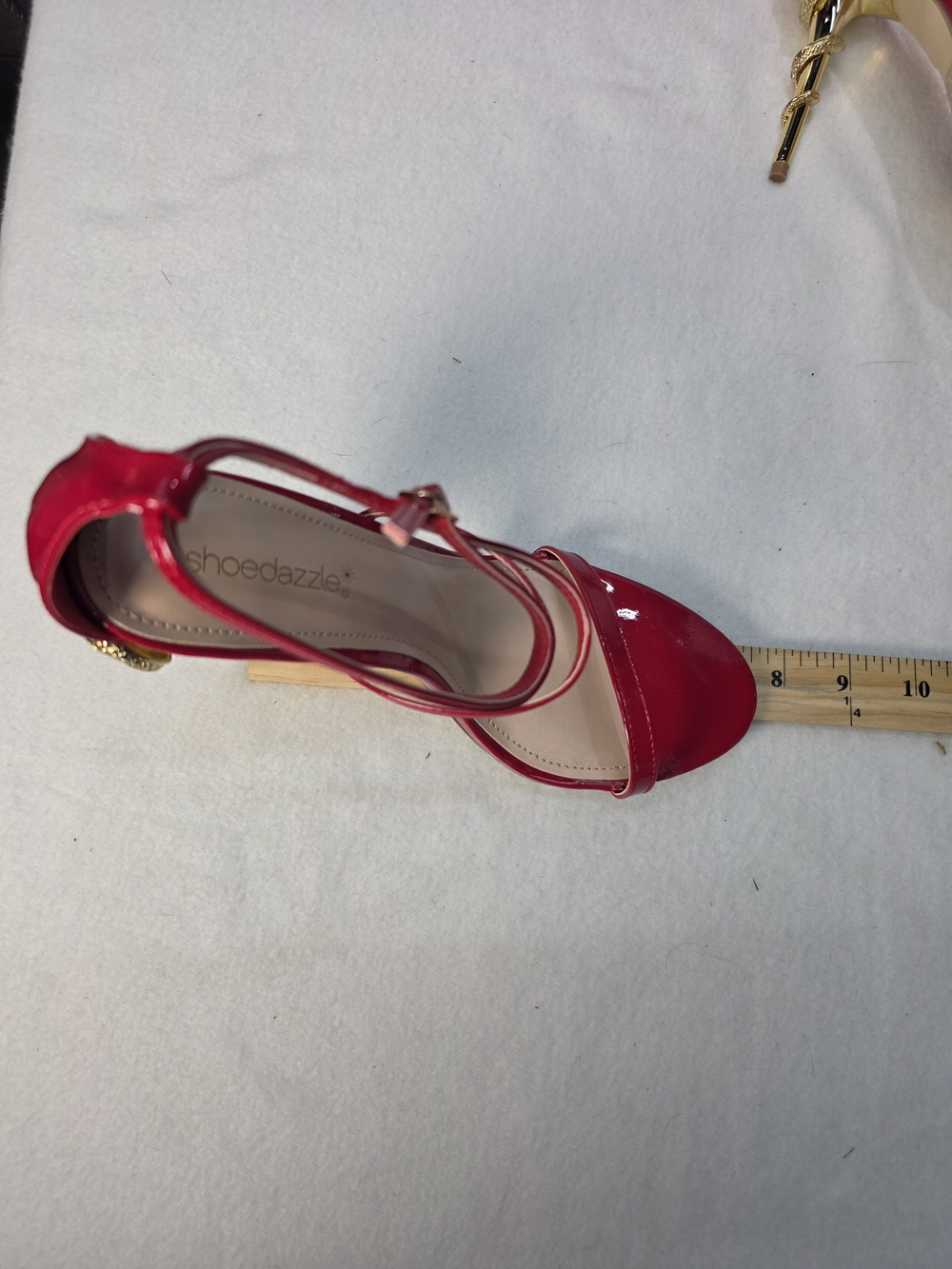 Shoe Dazzle Red Patent Strappy High Heel Sandals Gold Snake Shaped Stiletto NEW - Picture 12 of 14